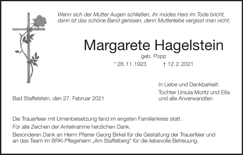  Traueranzeige für Margarete Hagelstein vom 27.02.2021 aus MGO