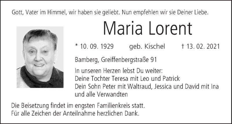  Traueranzeige für Maria Lorent vom 20.02.2021 aus MGO