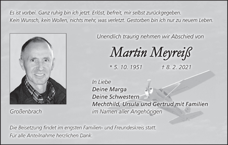  Traueranzeige für Martin Meyreiß vom 13.02.2021 aus MGO