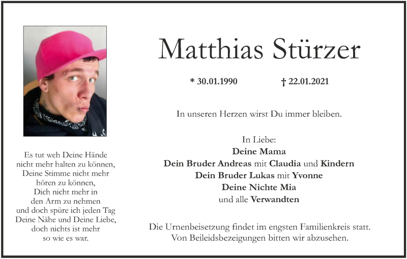  Traueranzeige für Matthias Stürzer vom 20.02.2021 aus MGO