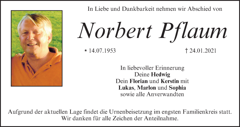  Traueranzeige für Norbert Pflaum vom 06.02.2021 aus MGO