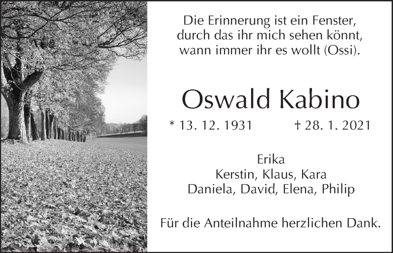 Traueranzeige für Oswald Kabino vom 06.02.2021 aus MGO