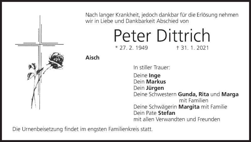  Traueranzeige für Peter Dittrich vom 05.02.2021 aus MGO