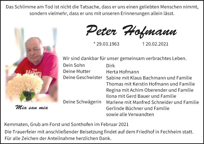  Traueranzeige für Peter Hofmann vom 26.02.2021 aus MGO