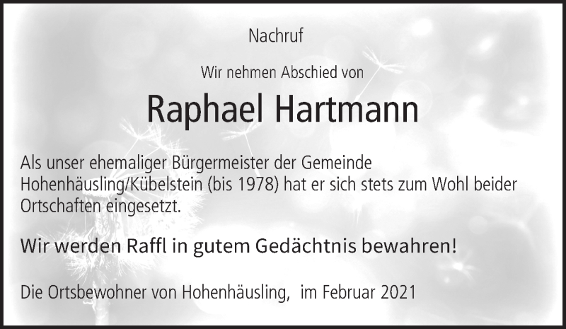  Traueranzeige für Raphael Hartmann vom 02.02.2021 aus MGO