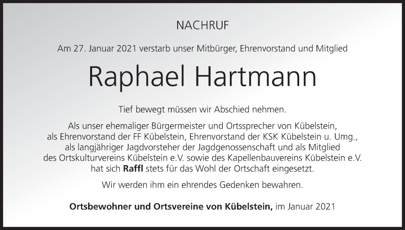  Traueranzeige für Raphael Hartmann vom 01.02.2021 aus MGO