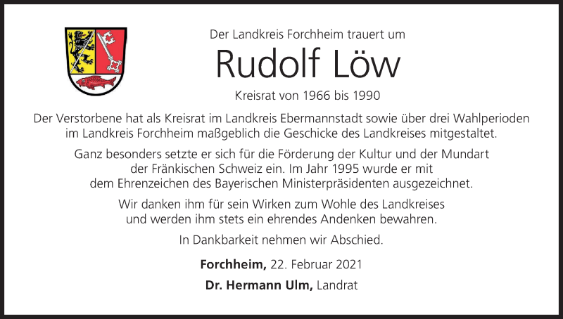  Traueranzeige für Rudi Löw vom 23.02.2021 aus MGO