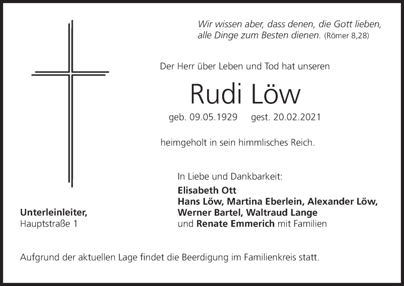  Traueranzeige für Rudi Löw vom 23.02.2021 aus MGO