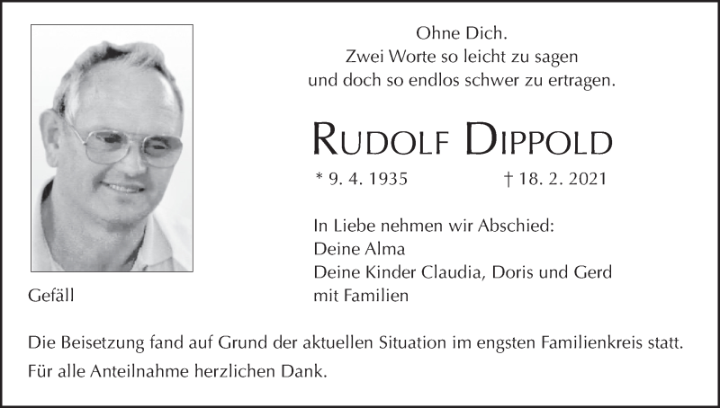  Traueranzeige für Rudolf Dippold vom 27.02.2021 aus MGO