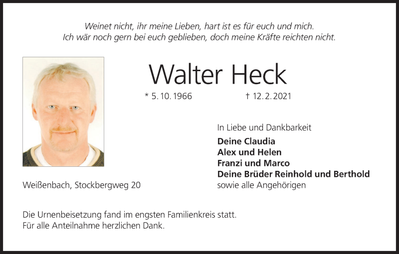  Traueranzeige für Walter Heck vom 23.02.2021 aus MGO