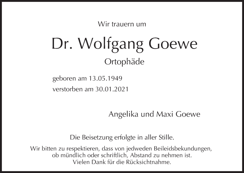  Traueranzeige für Wolfgang Goewe vom 13.02.2021 aus MGO