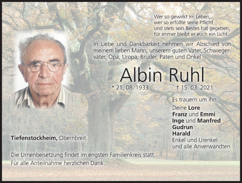  Traueranzeige für Albin Ruhl vom 20.03.2021 aus MGO