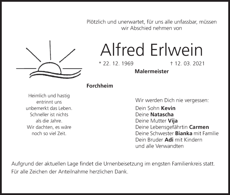  Traueranzeige für Alfred Erlwein vom 20.03.2021 aus MGO