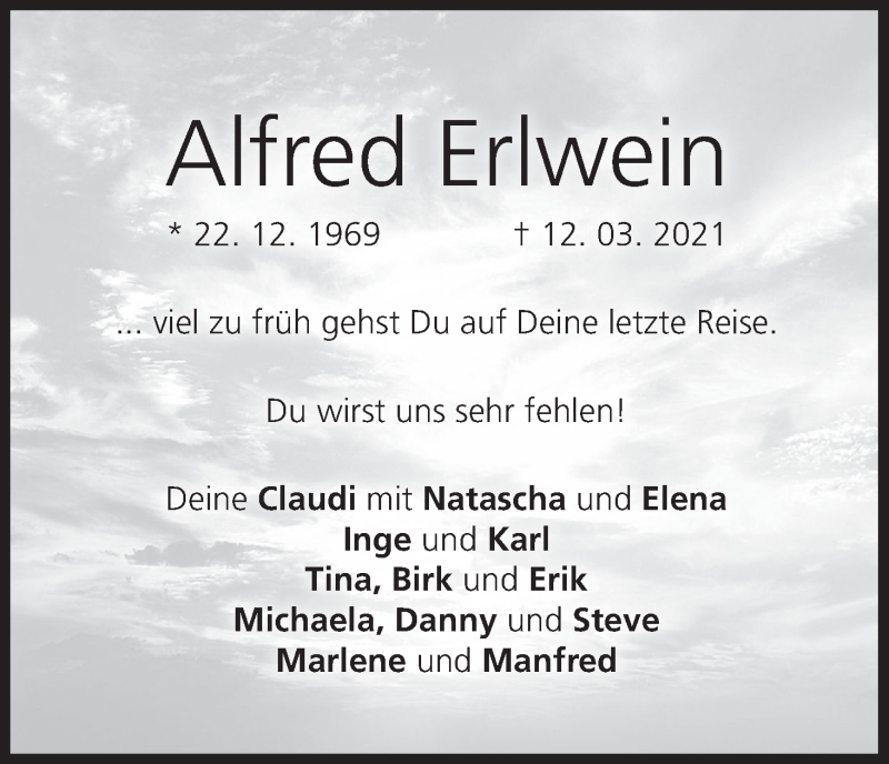  Traueranzeige für Alfred Erlwein vom 20.03.2021 aus MGO