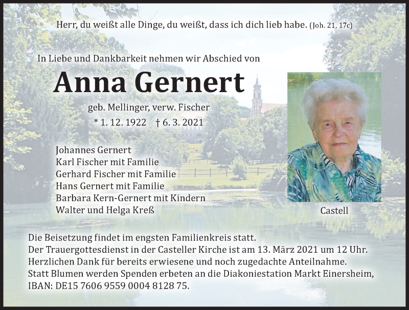  Traueranzeige für Anna Gernert vom 12.03.2021 aus MGO