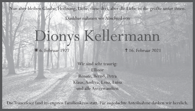  Traueranzeige für Dionys Kellermann vom 13.03.2021 aus MGO