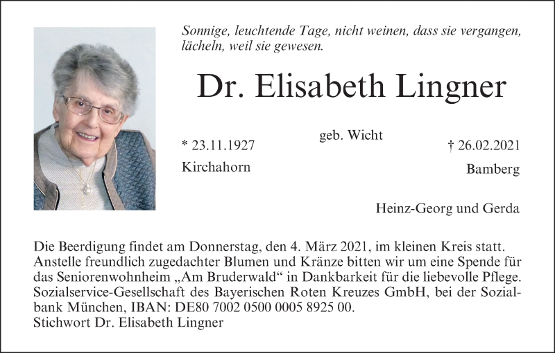  Traueranzeige für Elisabeth Lingner vom 03.03.2021 aus MGO