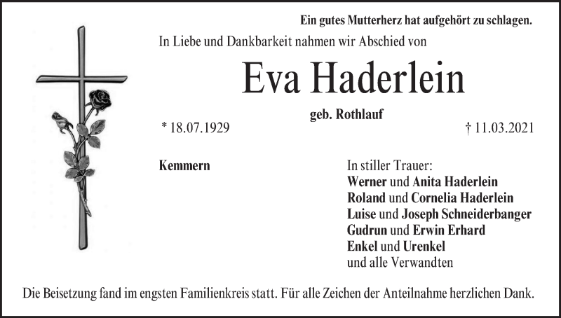 Traueranzeige für Eva Haderlein vom 20.03.2021 aus MGO