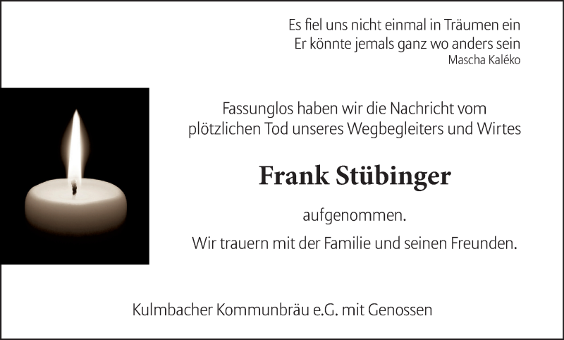  Traueranzeige für Frank Stübinger vom 30.03.2021 aus MGO