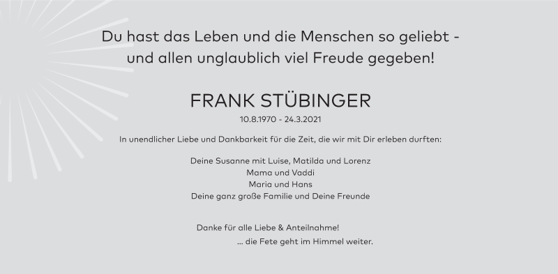  Traueranzeige für Frank Stübinger vom 27.03.2021 aus MGO