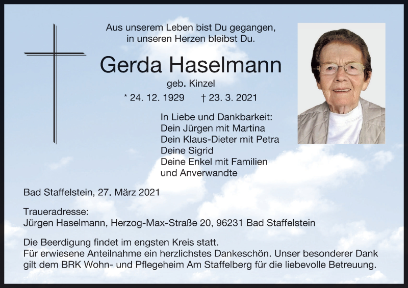  Traueranzeige für Gerda Haselmann vom 27.03.2021 aus MGO