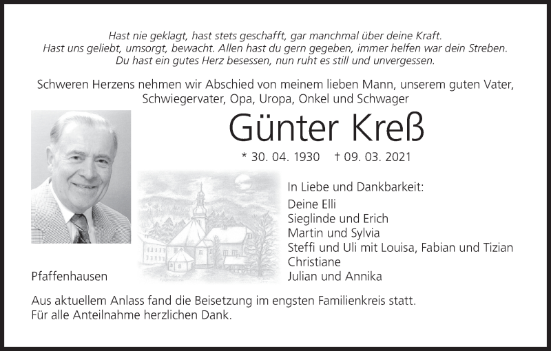  Traueranzeige für Günter Kreß vom 13.03.2021 aus MGO