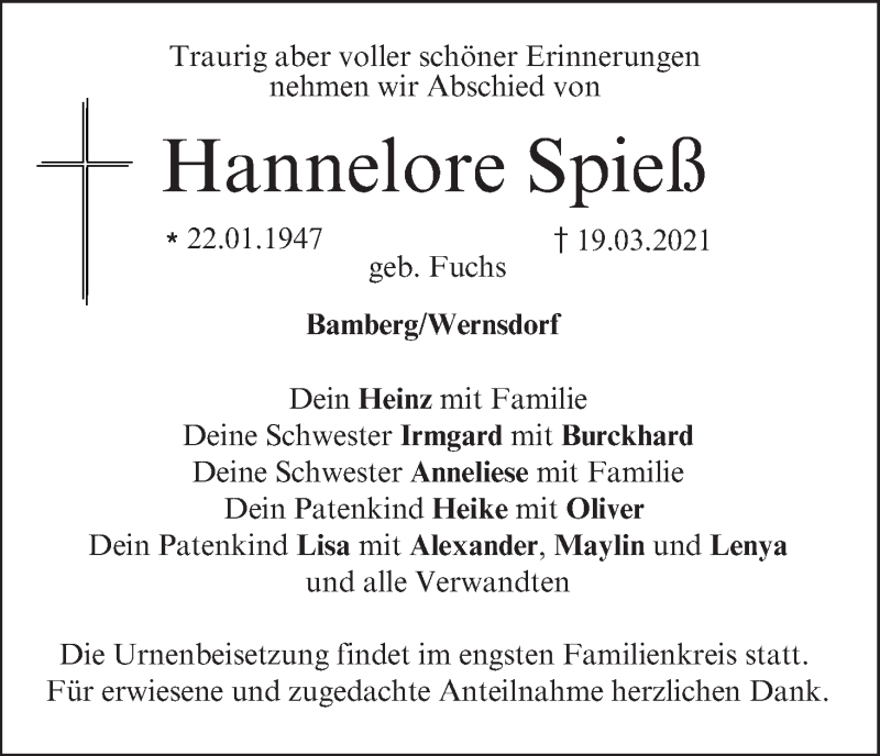  Traueranzeige für Hannelore Spieß vom 27.03.2021 aus MGO