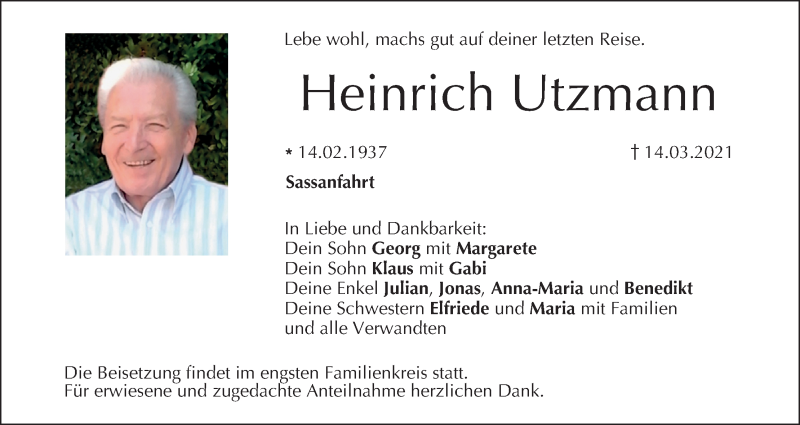  Traueranzeige für Heinrich Utzmann vom 20.03.2021 aus MGO