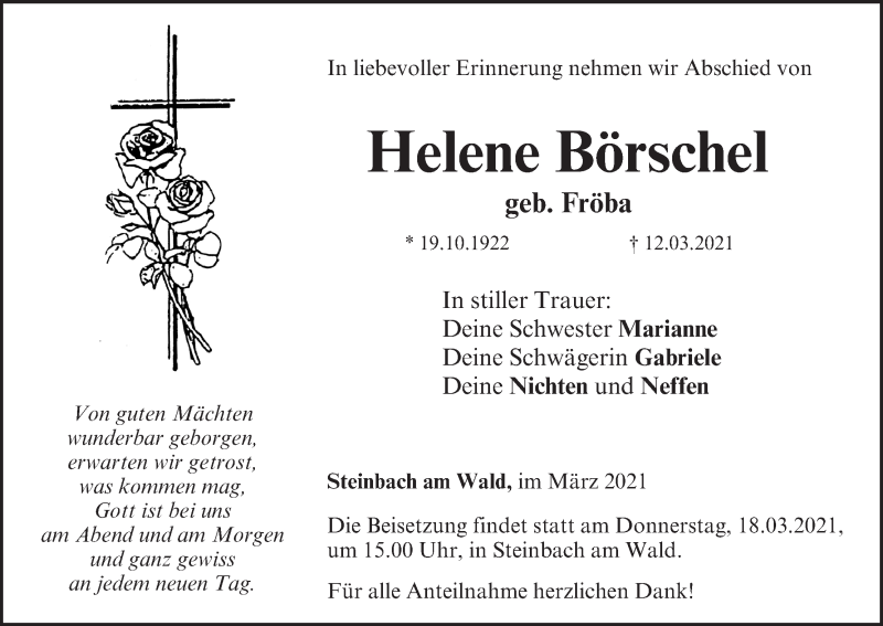  Traueranzeige für Helene Börschel vom 16.03.2021 aus MGO