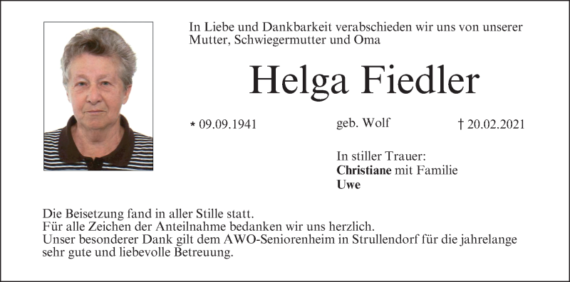  Traueranzeige für Helga Fiedler vom 13.03.2021 aus MGO