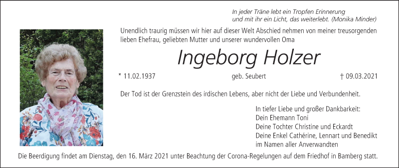  Traueranzeige für Ingeborg Holzer vom 13.03.2021 aus MGO