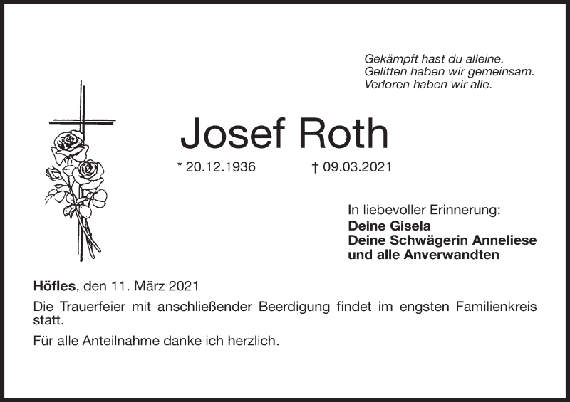  Traueranzeige für Josef Roth vom 11.03.2021 aus MGO