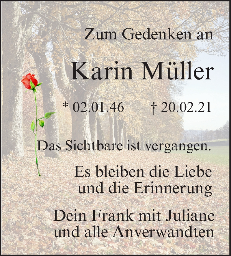  Traueranzeige für Karin Müller vom 06.03.2021 aus MGO