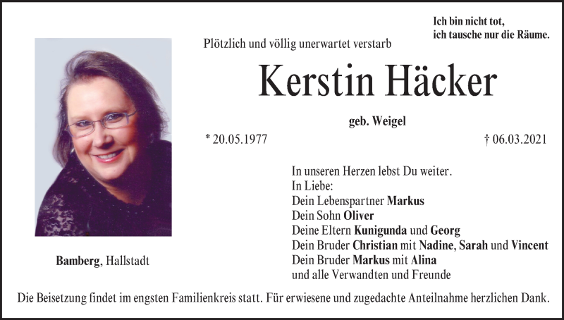  Traueranzeige für Kerstin Häcker vom 13.03.2021 aus MGO