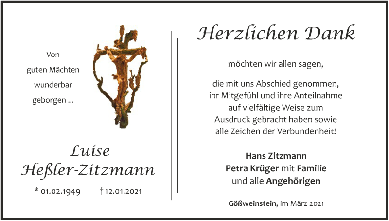  Traueranzeige für Luise Heßler-Zitzmann vom 27.03.2021 aus MGO