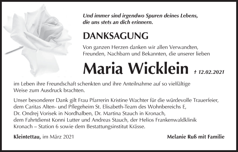  Traueranzeige für Maria Wicklein vom 06.03.2021 aus MGO
