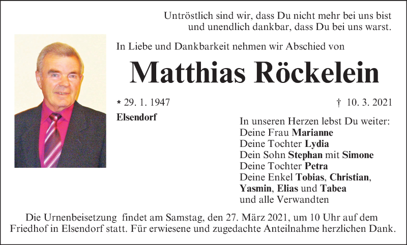  Traueranzeige für Matthias Röckelein vom 20.03.2021 aus MGO