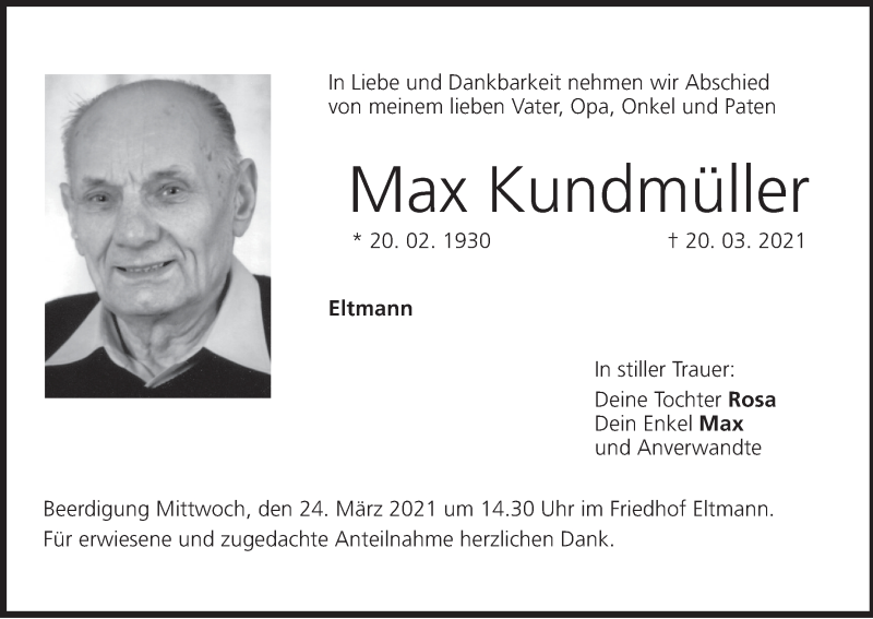  Traueranzeige für Max Kundmüller vom 22.03.2021 aus MGO