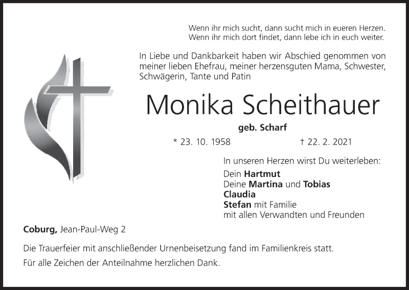  Traueranzeige für Monika Scheithauer vom 06.03.2021 aus MGO