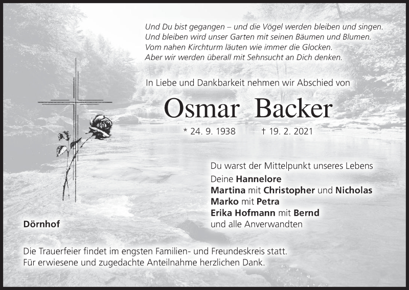  Traueranzeige für Osmar Backer vom 03.03.2021 aus MGO