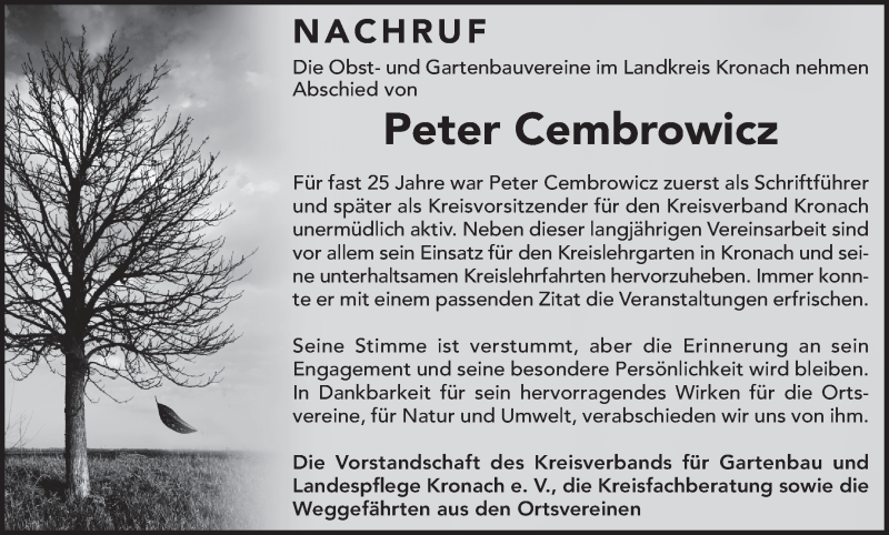  Traueranzeige für Peter Cembrowicz vom 20.03.2021 aus MGO