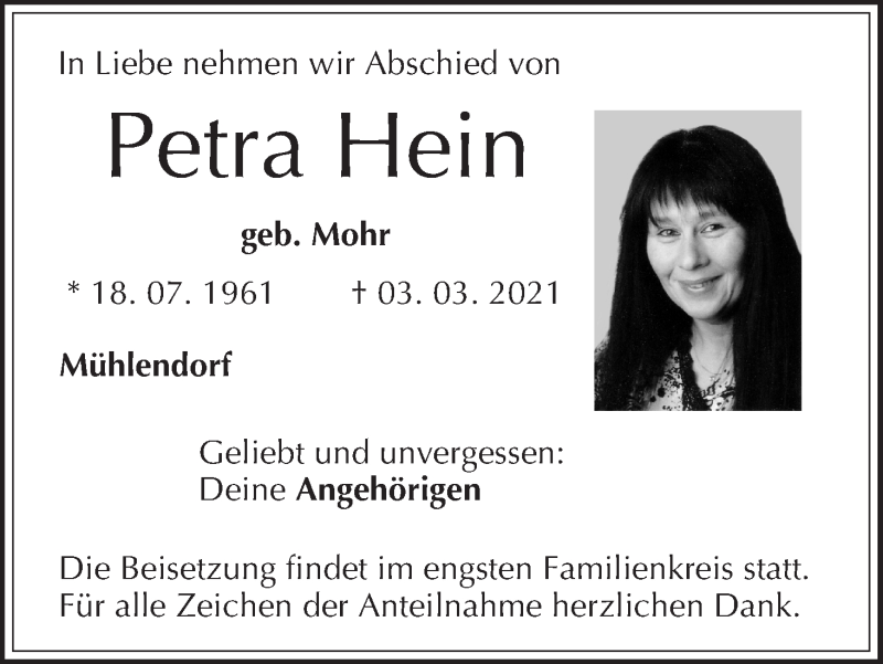  Traueranzeige für Petra Hein vom 06.03.2021 aus MGO