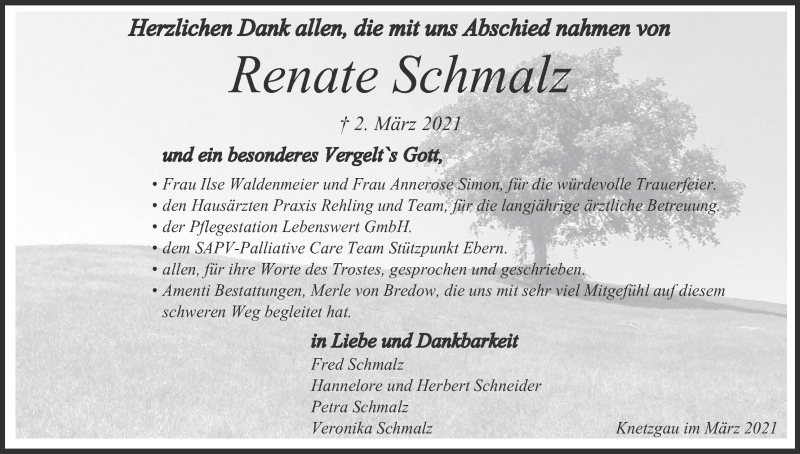  Traueranzeige für Renate Schmalz vom 20.03.2021 aus MGO