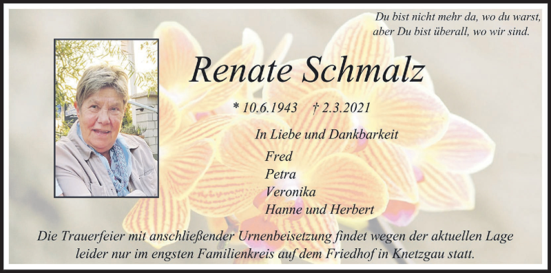  Traueranzeige für Renate Schmalz vom 06.03.2021 aus MGO
