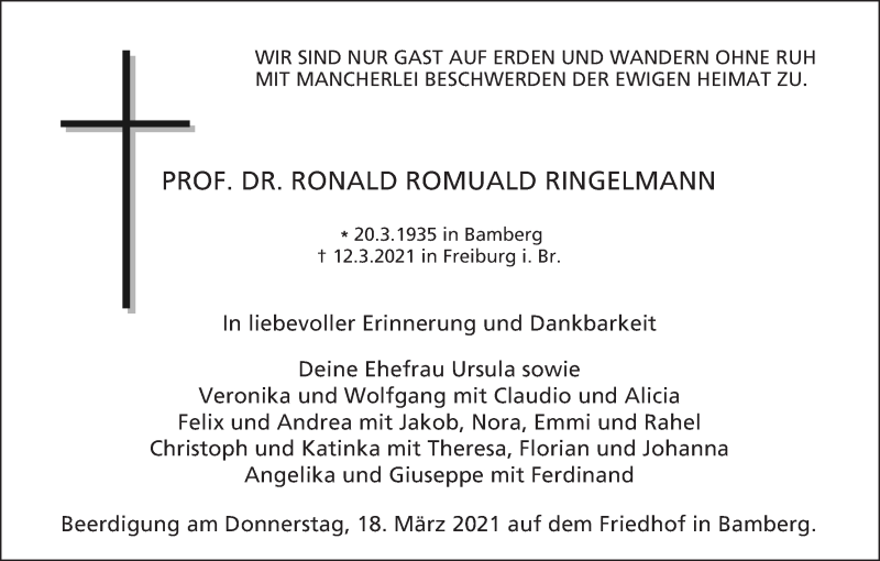 Traueranzeige für Ronald Romuald Ringelmann vom 17.03.2021 aus MGO