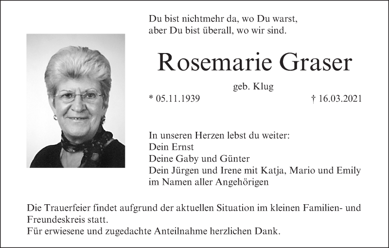  Traueranzeige für Rosemarie Graser vom 20.03.2021 aus MGO