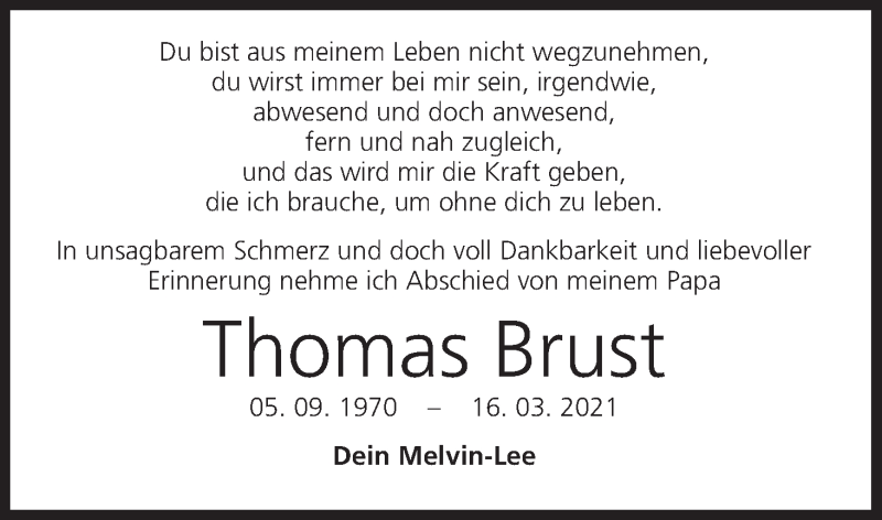  Traueranzeige für Thomas Brust vom 20.03.2021 aus MGO