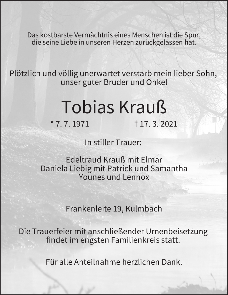  Traueranzeige für Tobias Krauß vom 20.03.2021 aus MGO