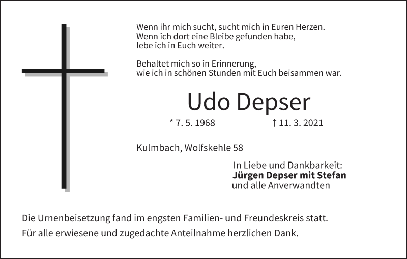  Traueranzeige für Udo Depser vom 30.03.2021 aus MGO