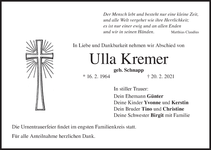  Traueranzeige für Ulla Kremer vom 02.03.2021 aus MGO